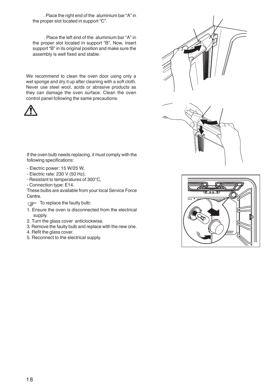 Replacing the oven light, Ac a b | Zanussi ZBF 569 User Manual | Page 18 / 28