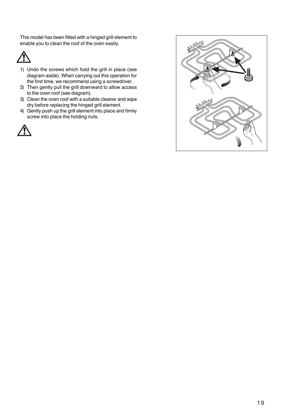 Cleaning the hinged grill | Zanussi ZBF 569 User Manual | Page 19 / 28
