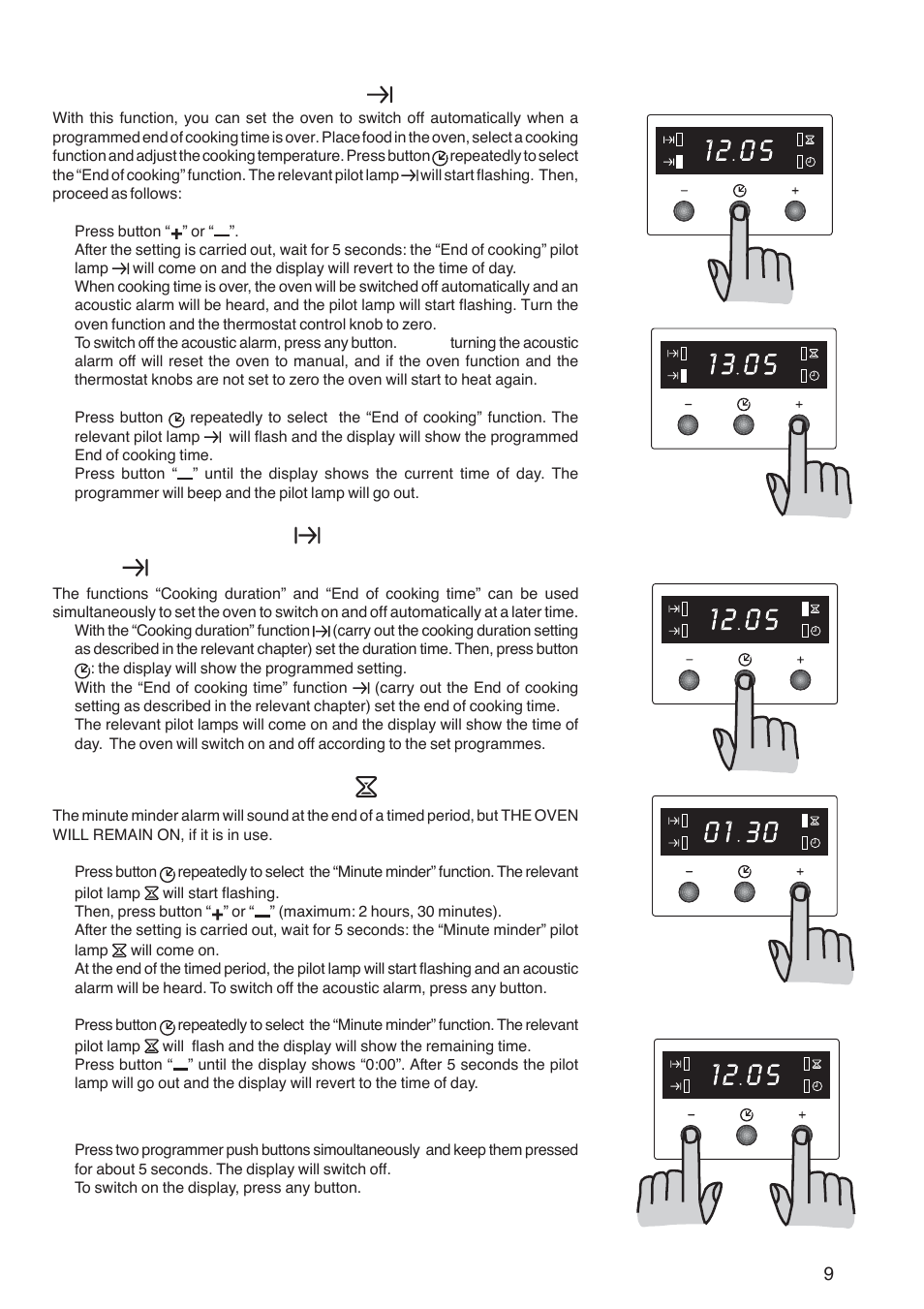 End of cooking” function, Cooking duration, And “end of cooking time” combined | Minute minder” function, How to switch off the display | Zanussi ZBF 569 User Manual | Page 9 / 28