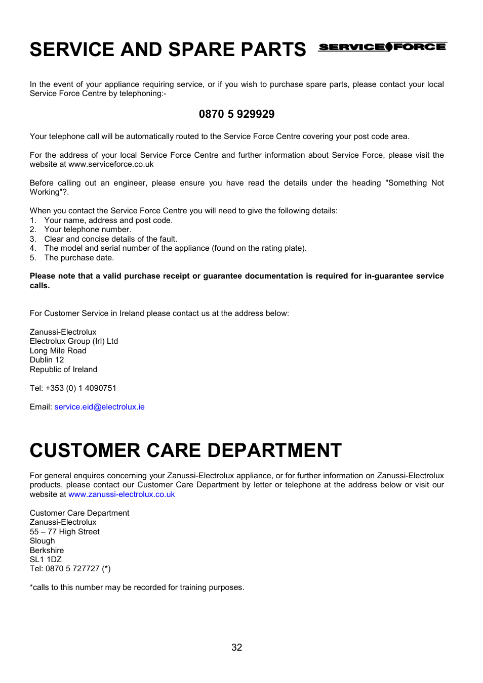 Service and spare parts, Customer care department | Zanussi ZCE 7690 User Manual | Page 32 / 36