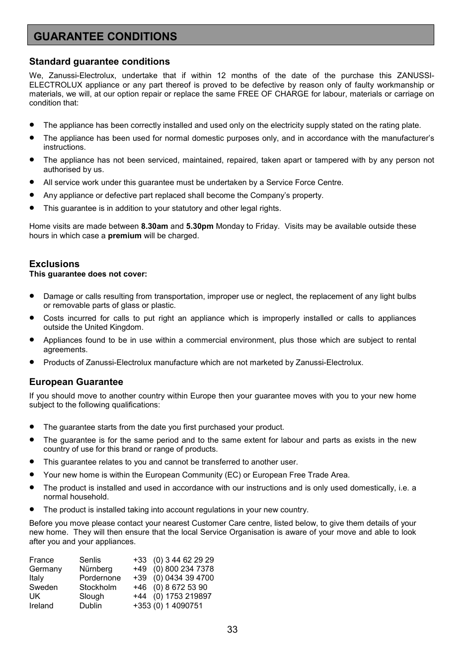 Guarantee conditions | Zanussi ZCE 7690 User Manual | Page 33 / 36