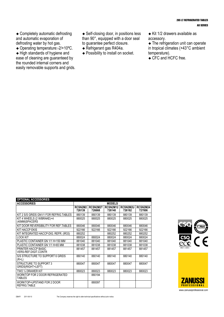 Zanussi, Operating temperature:-2/+10ºc, Refrigerant gas r404a | Possibility to install on socket, Kit 1/2 drawers available as accessory, Cfc and hcfc free | Zanussi 726182 User Manual | Page 2 / 4