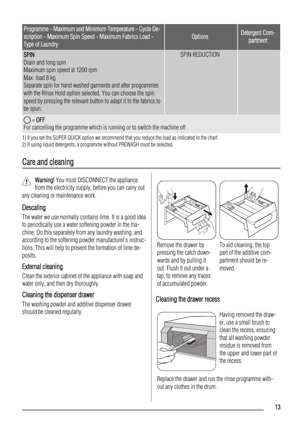 Care and cleaning | Zanussi ZWN 6120 L User Manual | Page 13 / 24