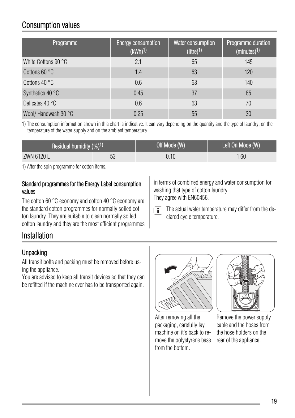 Consumption values, Installation | Zanussi ZWN 6120 L User Manual | Page 19 / 24