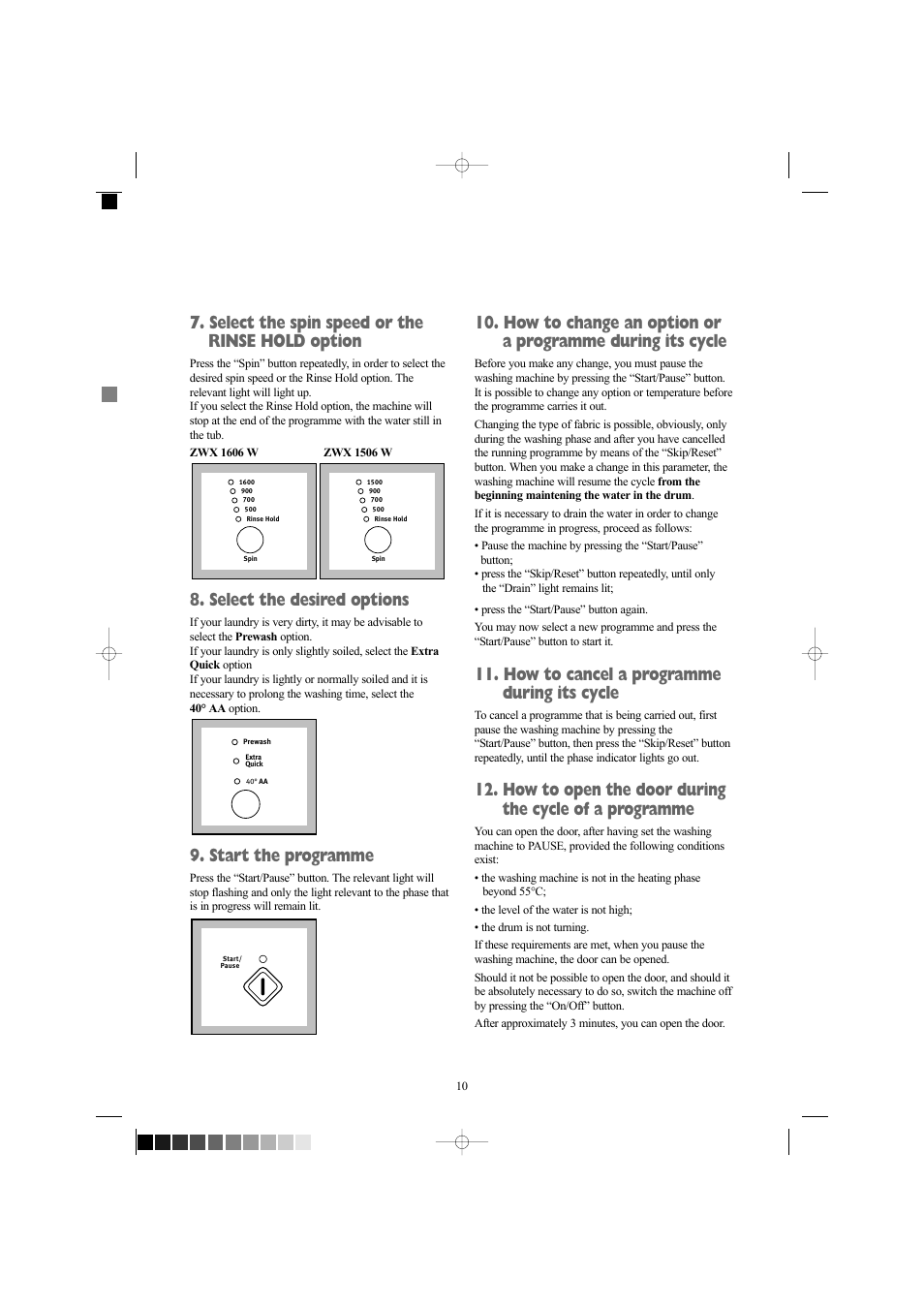 Select the spin speed or the rinse hold option, Select the desired options, Start the programme | How to cancel a programme during its cycle | Zanussi ZWX 1606 W User Manual | Page 10 / 28