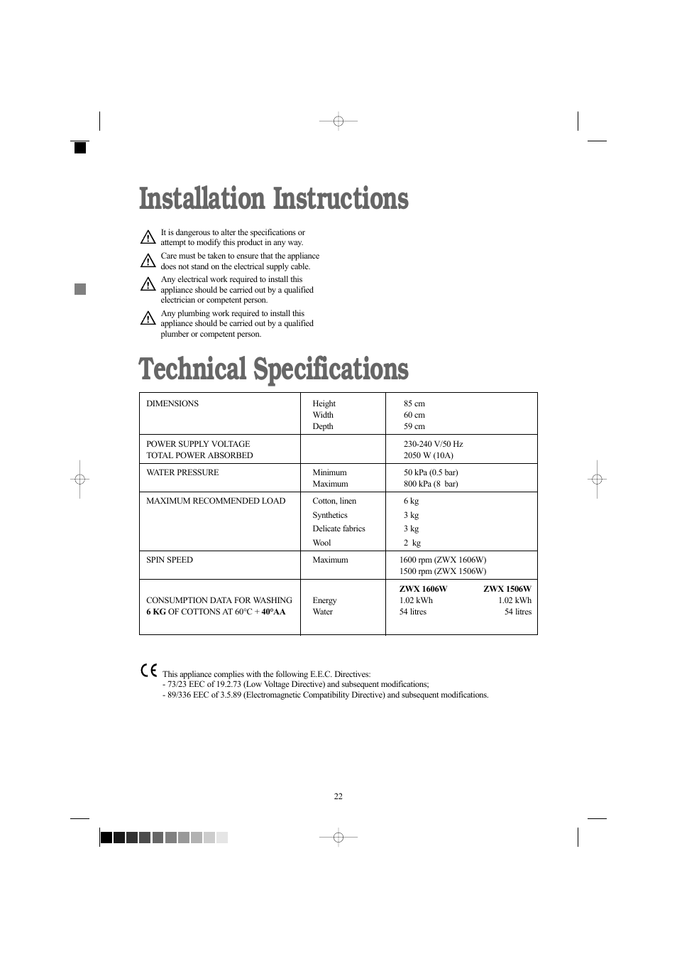 Installation instructions technical specifications | Zanussi ZWX 1606 W User Manual | Page 22 / 28