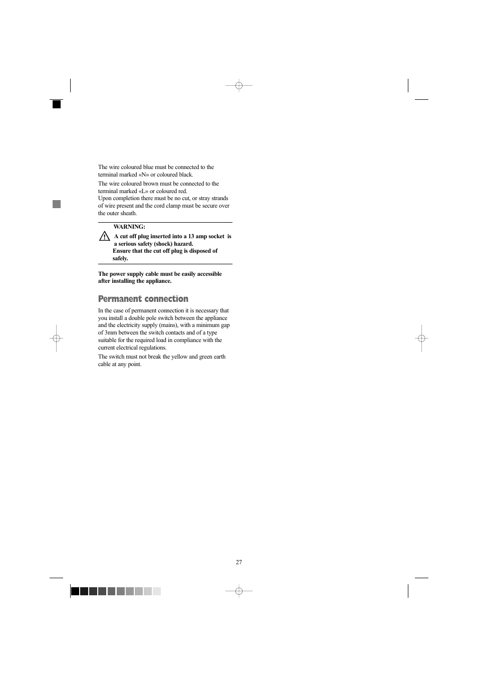 Permanent connection | Zanussi ZWX 1606 W User Manual | Page 27 / 28