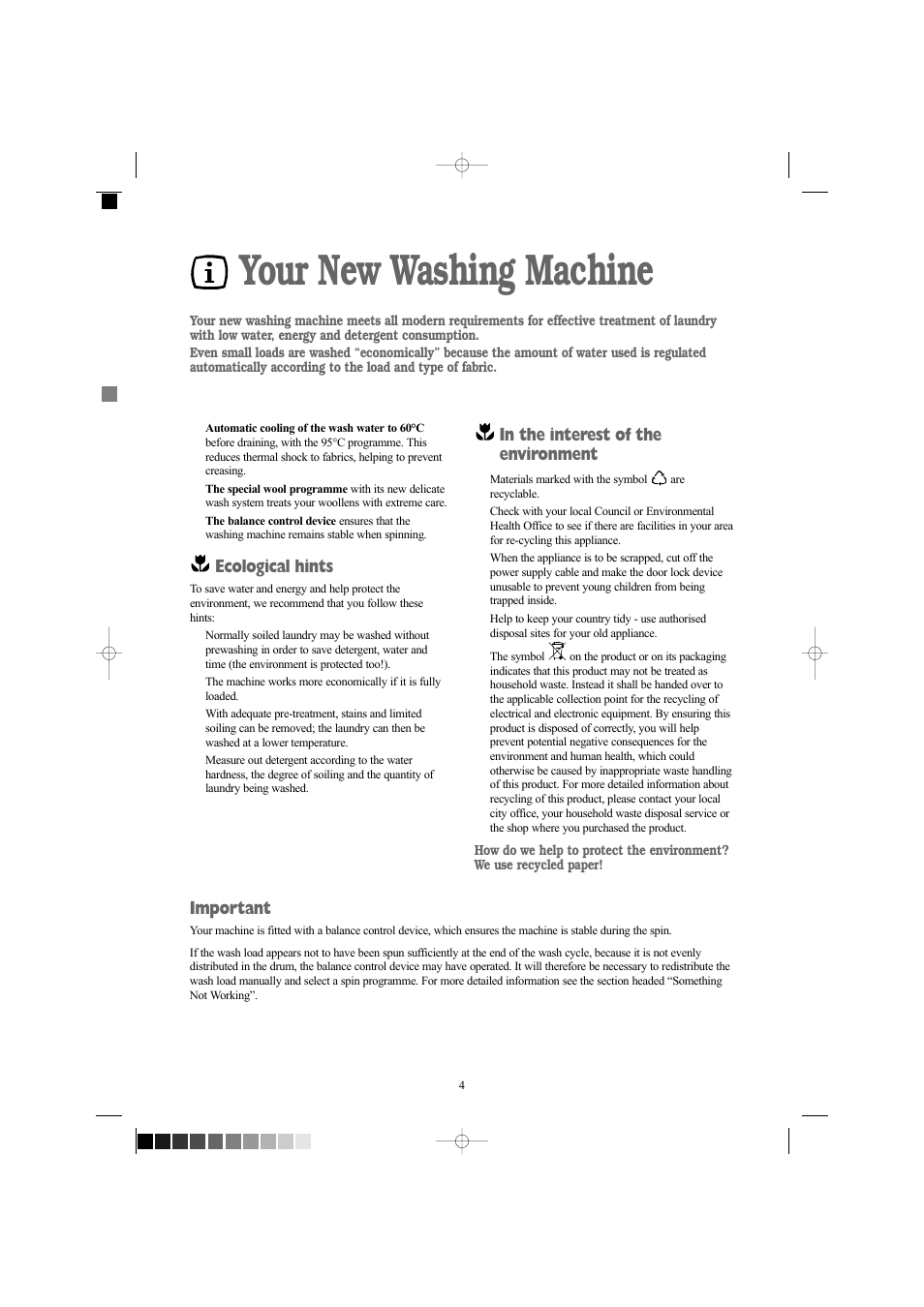Your new washing machine, Ecological hints, Important | Zanussi ZWX 1606 W User Manual | Page 4 / 28