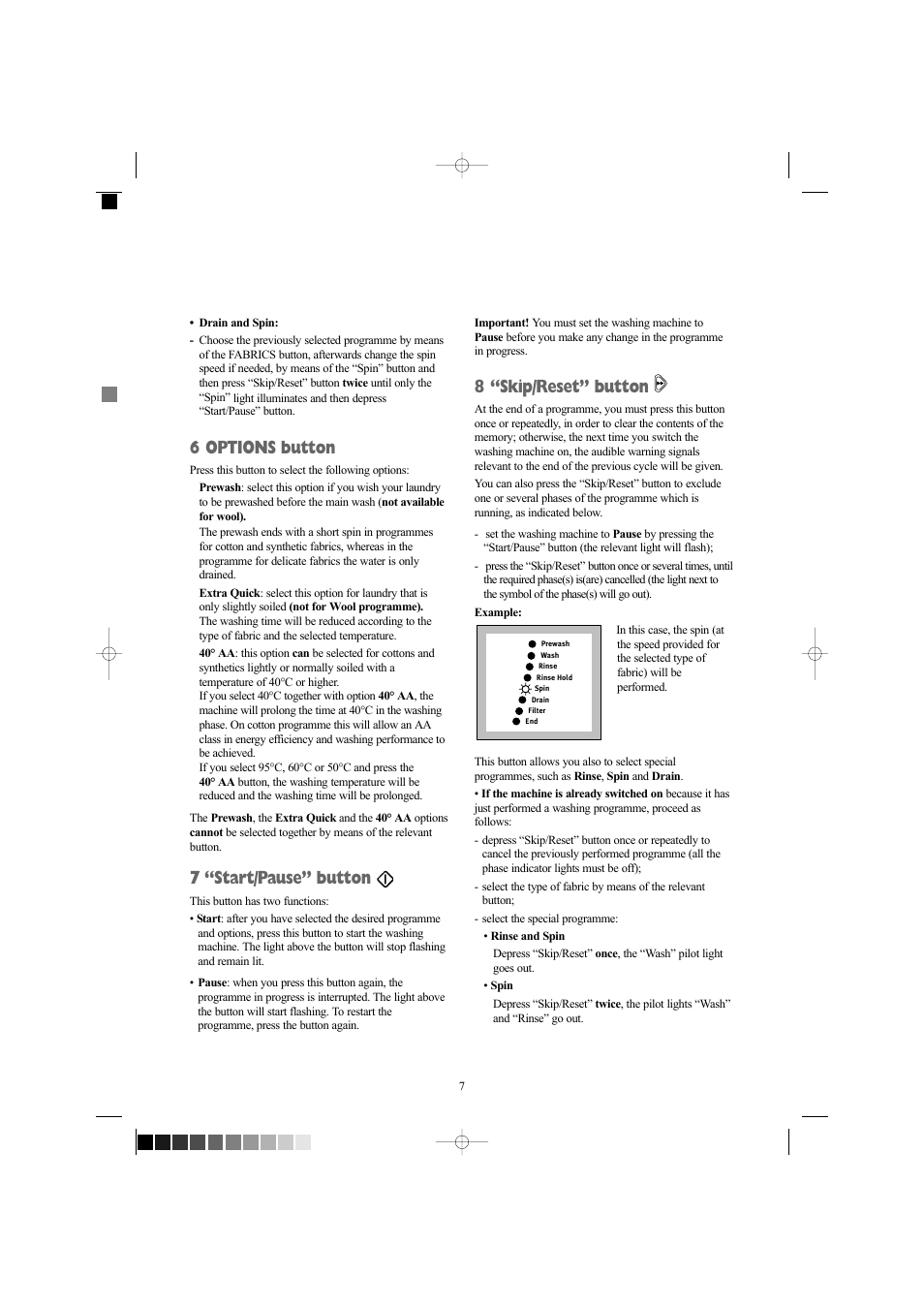 6 options button, 7 “start/pause” button, 8 “skip/reset” button | Zanussi ZWX 1606 W User Manual | Page 7 / 28