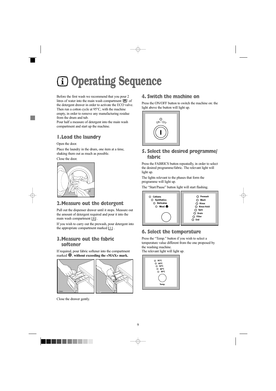 Operating sequence, Load the laundry, Measure out the detergent | Measure out the fabric softener, Switch the machine on, Select the desired programme/ fabric, Select the temperature | Zanussi ZWX 1606 W User Manual | Page 9 / 28