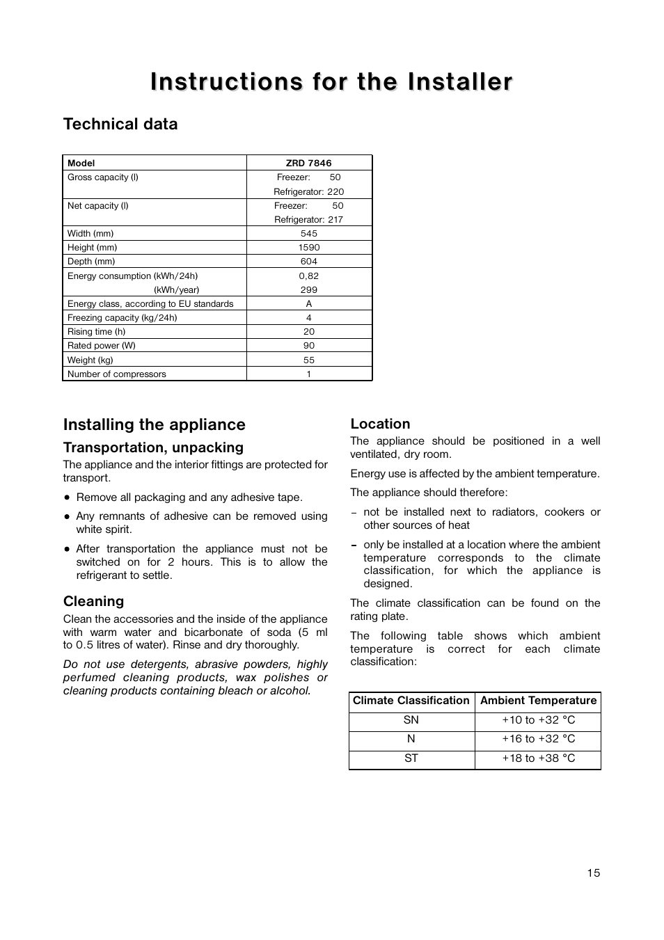 Technical data, Installing the appliance | Zanussi ZRD 7846 User Manual | Page 15 / 20