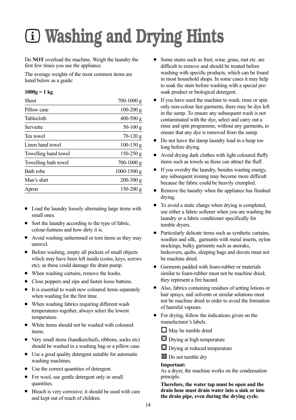 Washing and drying hints | Zanussi ZWD 1682 W User Manual | Page 14 / 30