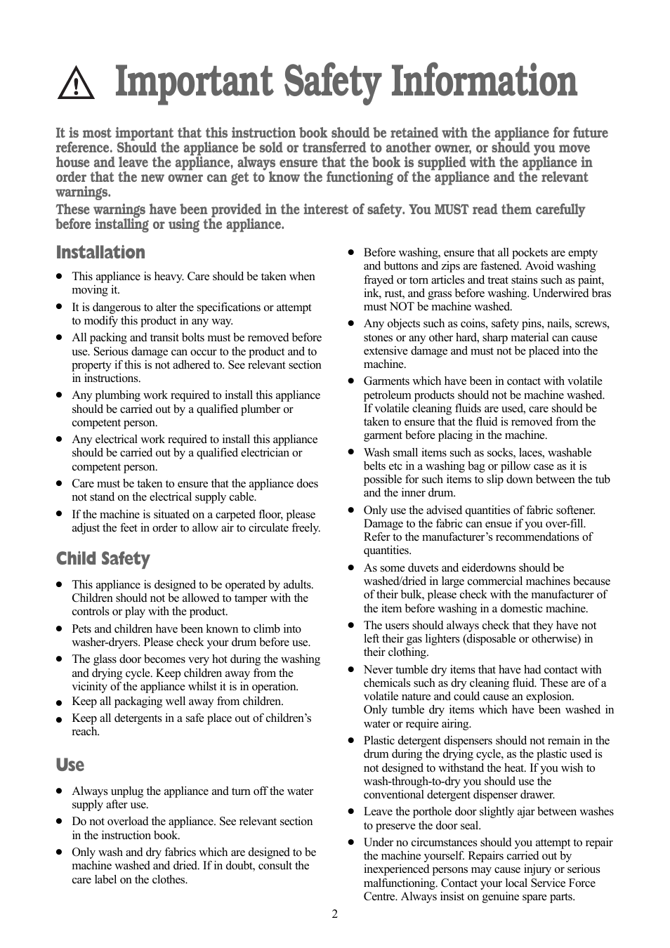 Important safety information, Installation, Child safety | Zanussi ZWD 1682 W User Manual | Page 2 / 30