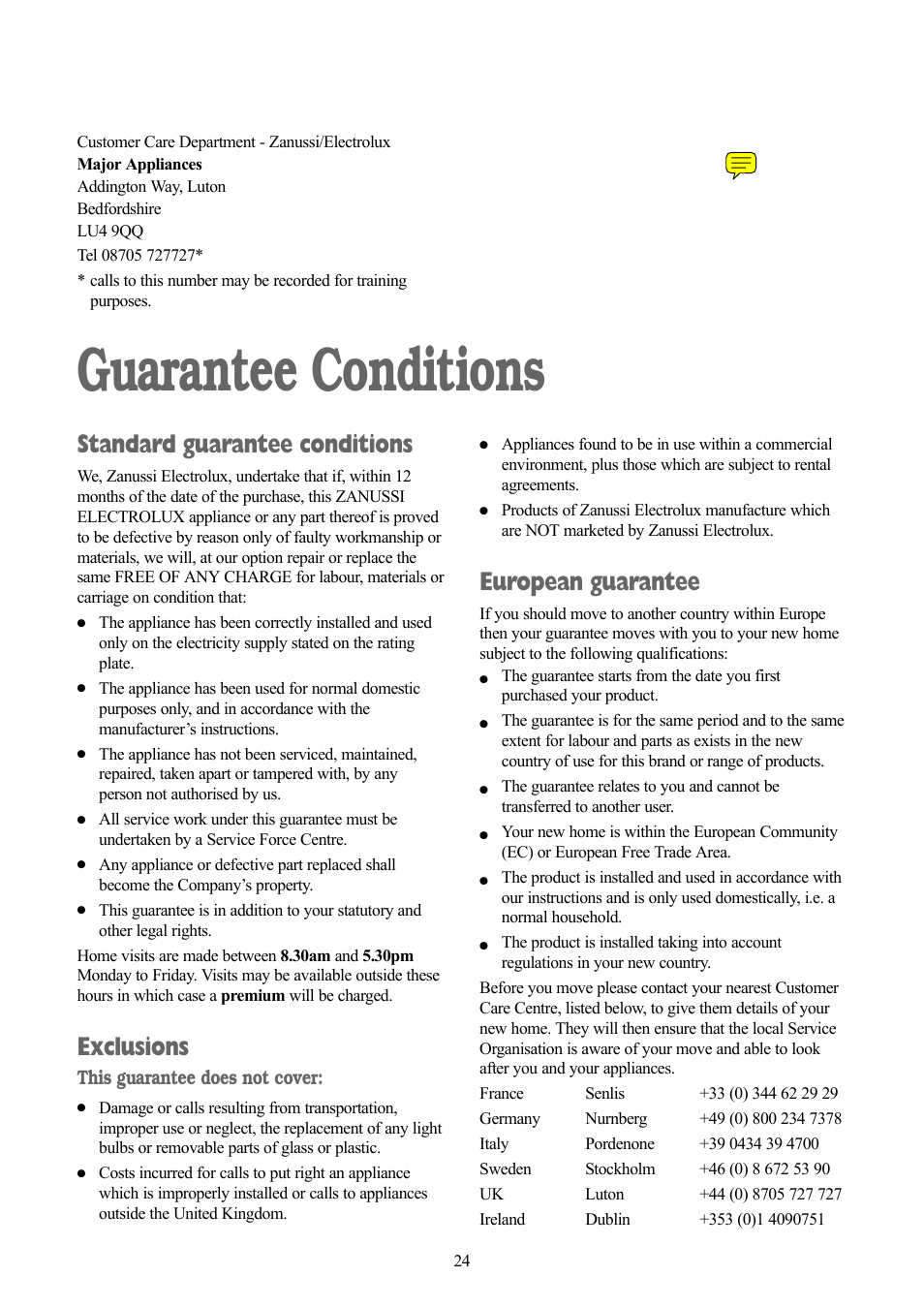 Guarantee conditions, Standard guarantee conditions, Exclusions | European guarantee | Zanussi ZWD 1682 W User Manual | Page 24 / 30