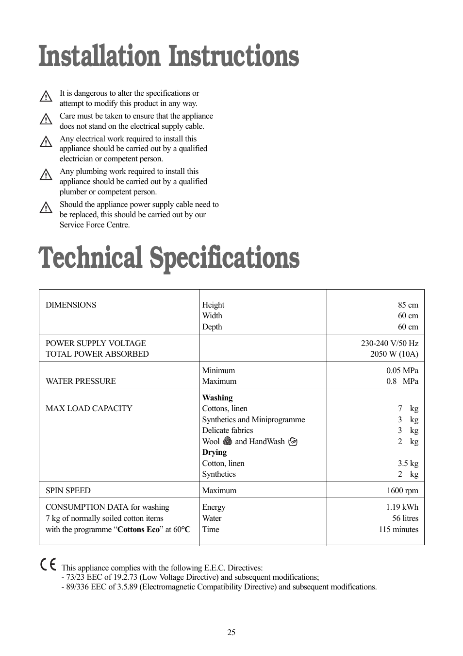 Installation instructions technical specifications | Zanussi ZWD 1682 W User Manual | Page 25 / 30