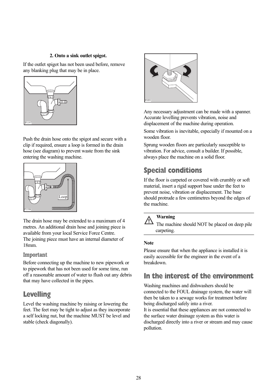 Levelling, Special conditions | Zanussi ZWD 1682 W User Manual | Page 28 / 30