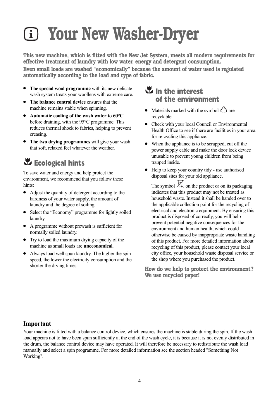 Your new washer-dryer, Ecological hints, Important | Zanussi ZWD 1682 W User Manual | Page 4 / 30