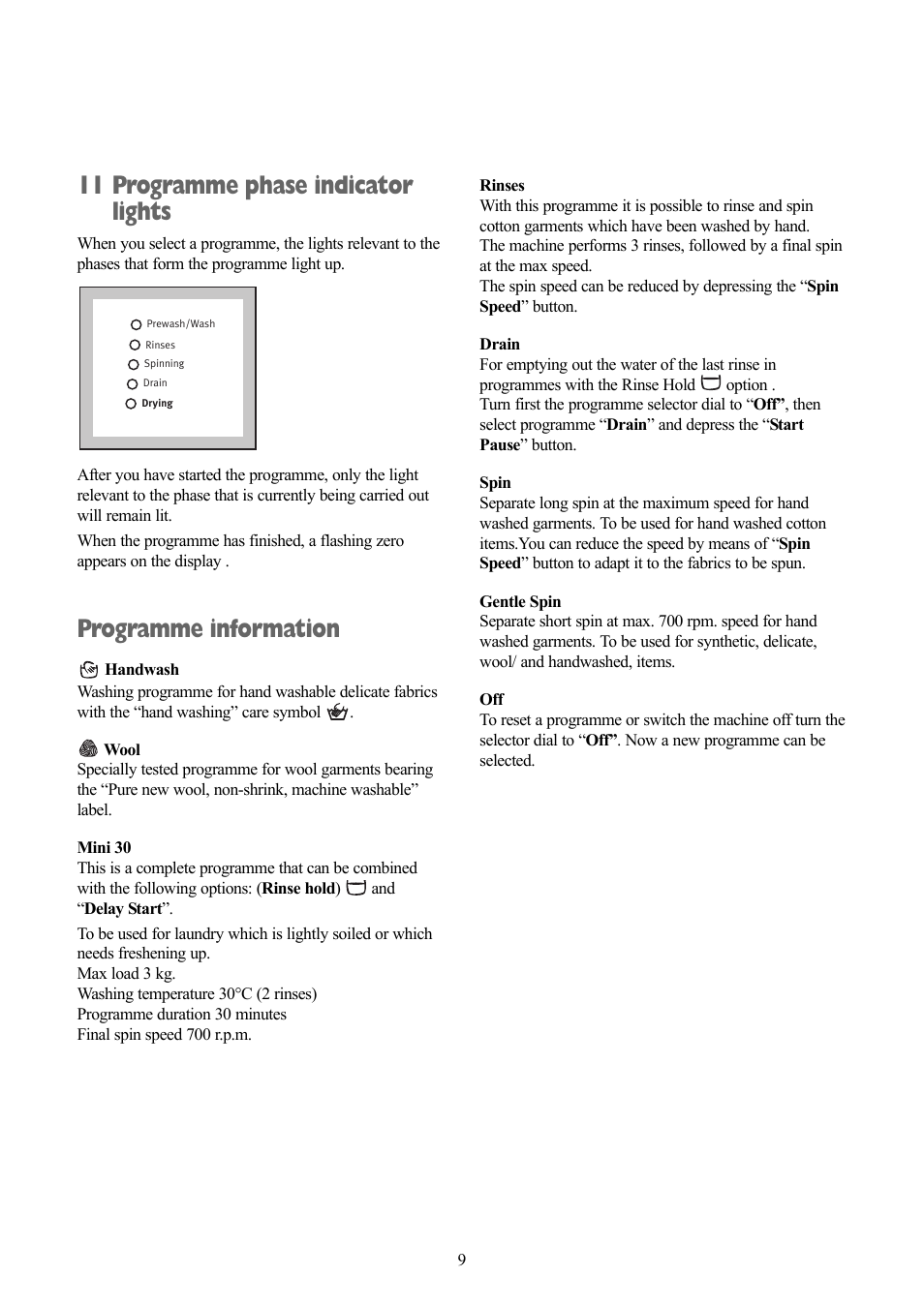 11 programme phase indicator lights, Programme information | Zanussi ZWD 1682 W User Manual | Page 9 / 30