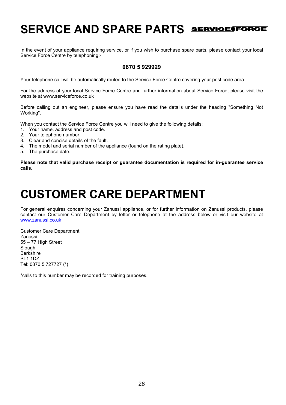 Service and spare parts, Customer care department | Zanussi ZCM 7901 User Manual | Page 26 / 40