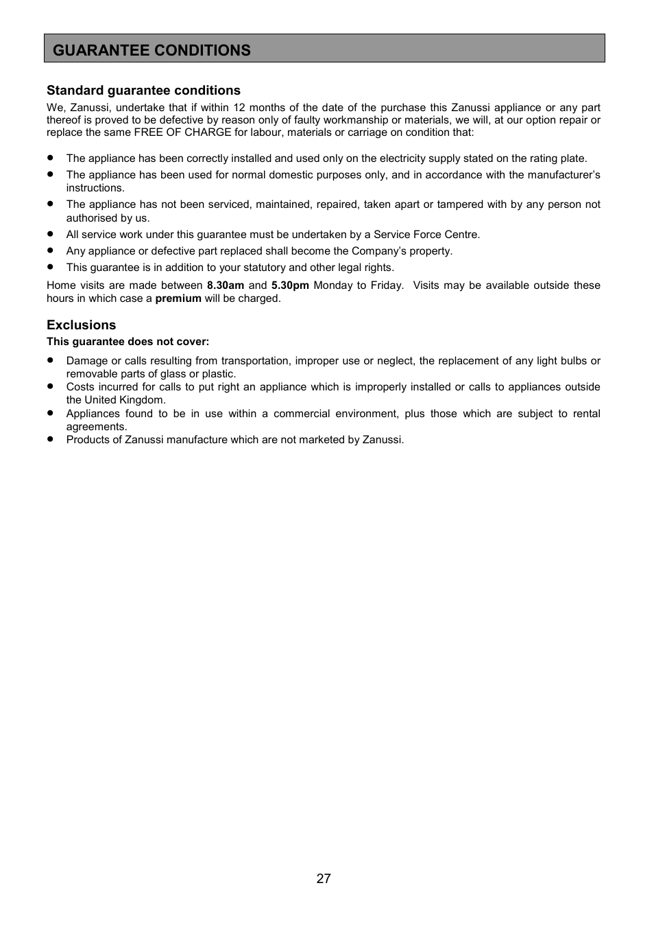 Guarantee conditions | Zanussi ZCM 7901 User Manual | Page 27 / 40