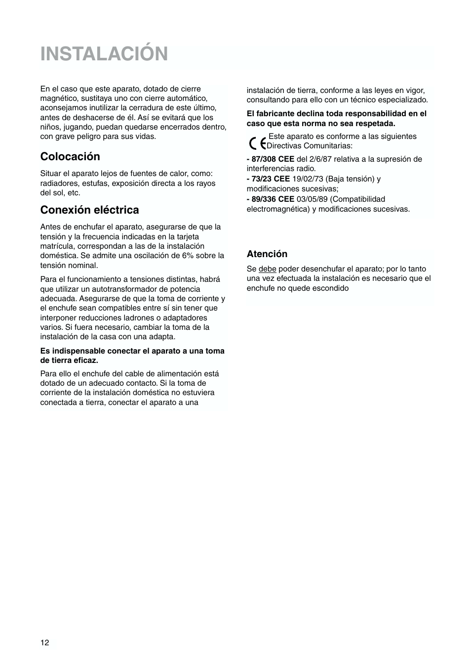 Instalación, Colocación, Conexión eléctrica | Zanussi ZJB 9476 X User Manual | Page 12 / 32