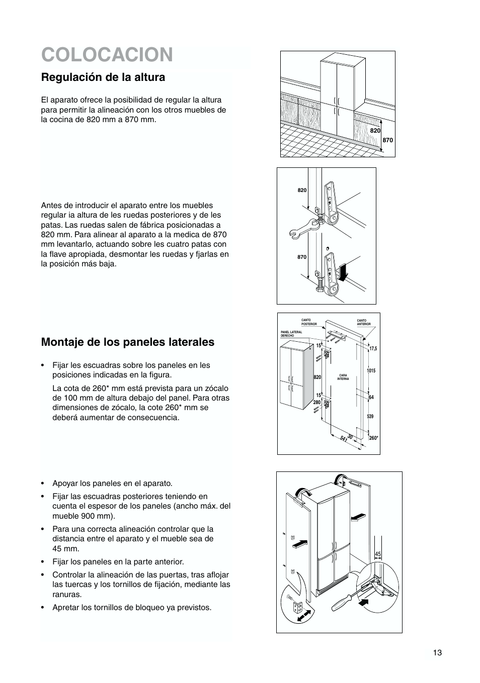 Colocacion, Regulación de la altura, Montaje de los paneles laterales | Zanussi ZJB 9476 X User Manual | Page 13 / 32