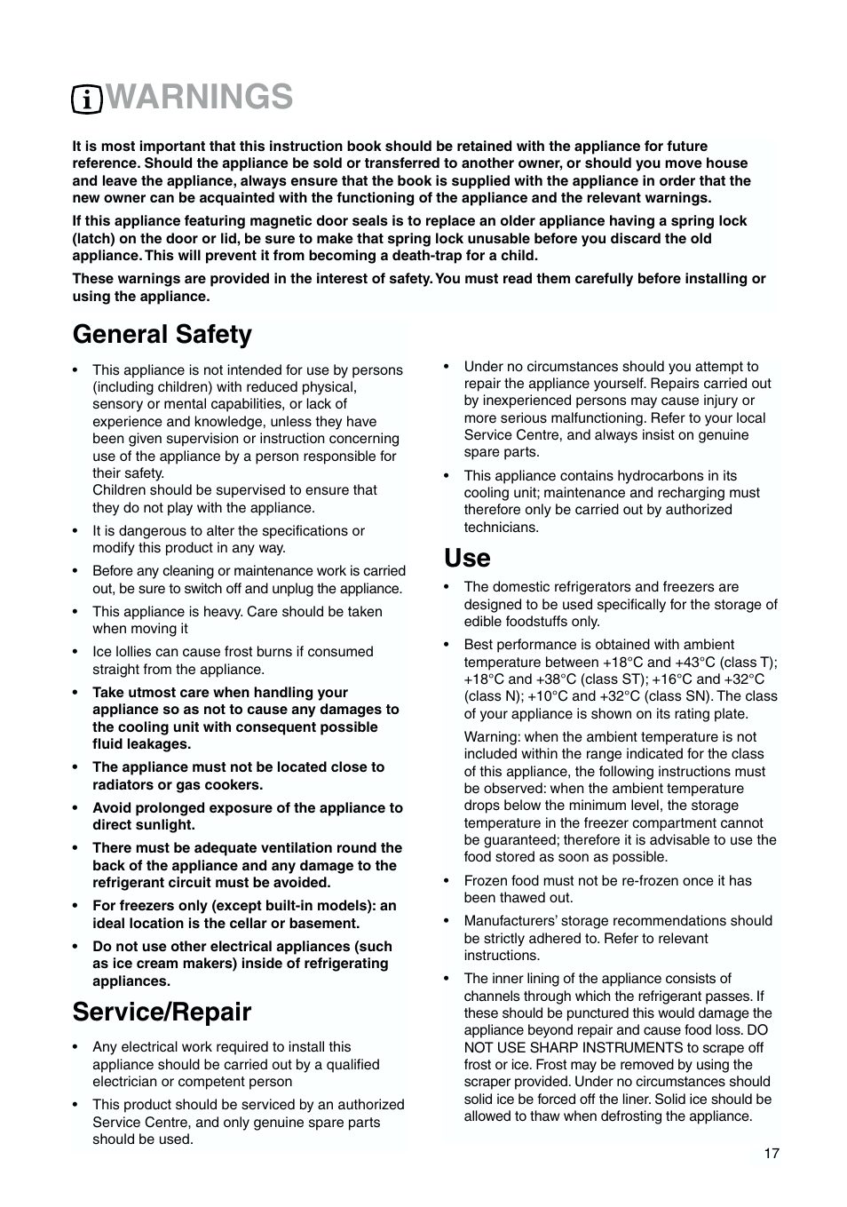 Warnings, General safety, Service/repair | Zanussi ZJB 9476 X User Manual | Page 17 / 32