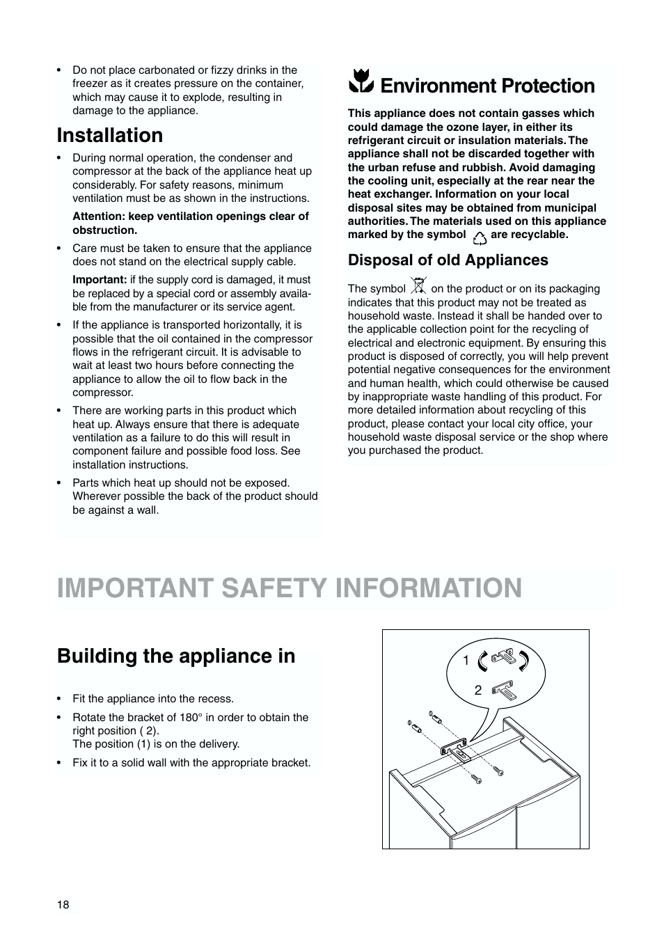 Important safety information, Installation, Environment protection | Building the appliance in, Disposal of old appliances | Zanussi ZJB 9476 X User Manual | Page 18 / 32