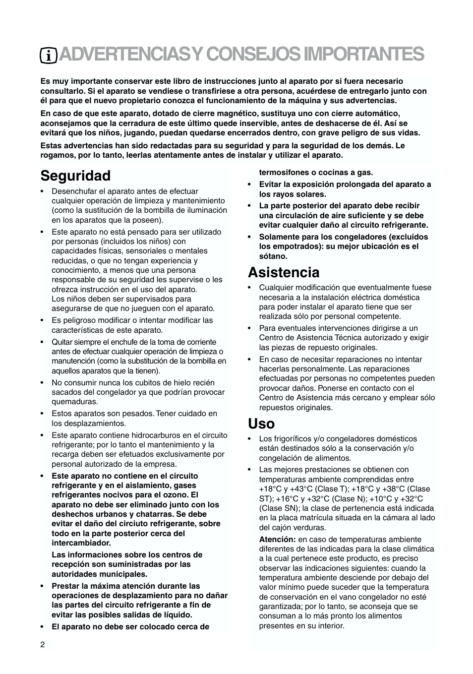 Advertencias y consejos importantes, Seguridad, Asistencia | Zanussi ZJB 9476 X User Manual | Page 2 / 32