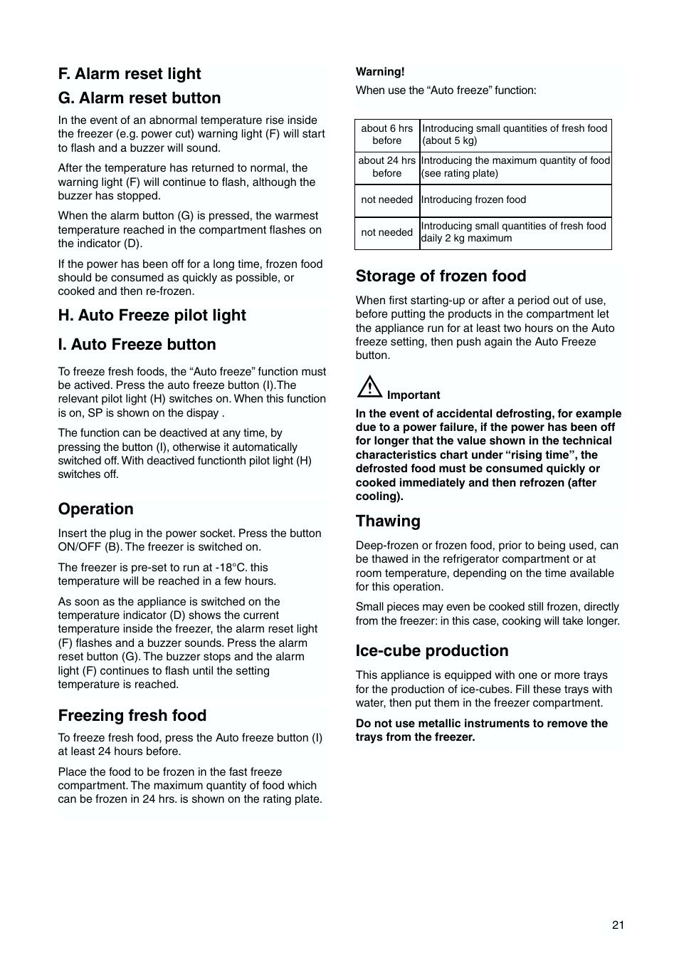 Storage of frozen food, F. alarm reset light g. alarm reset button, Operation | H. auto freeze pilot light i. auto freeze button, Freezing fresh food, Thawing, Ice-cube production | Zanussi ZJB 9476 X User Manual | Page 21 / 32