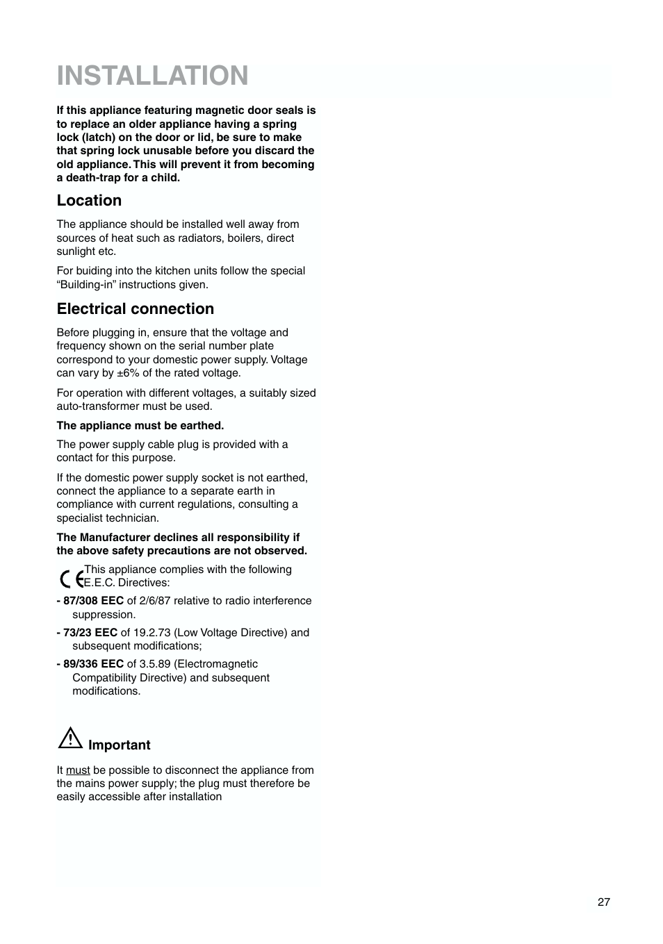 Installation, Location, Electrical connection | Zanussi ZJB 9476 X User Manual | Page 27 / 32