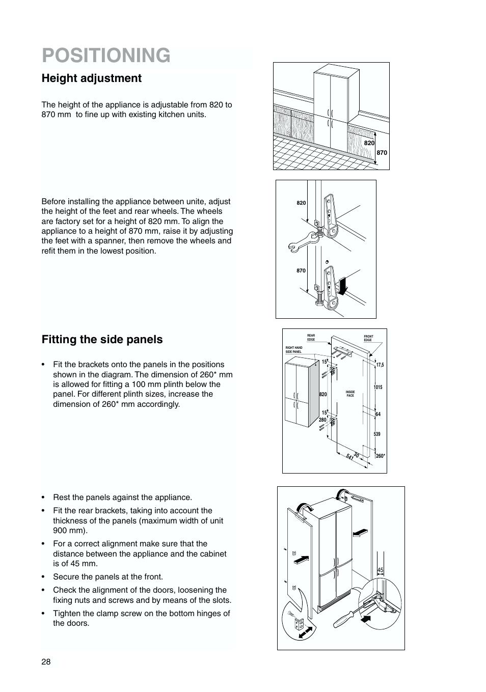 Positioning, Height adjustment, Fitting the side panels | Zanussi ZJB 9476 X User Manual | Page 28 / 32