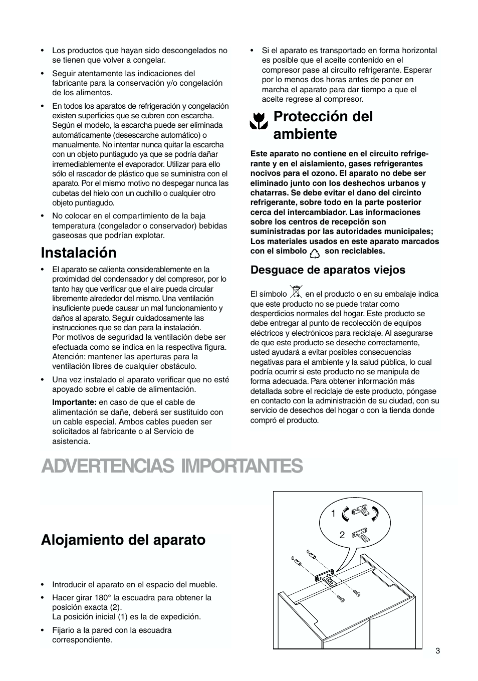 Advertencias importantes, Protección del ambiente, Instalación | Alojamiento del aparato, Desguace de aparatos viejos | Zanussi ZJB 9476 X User Manual | Page 3 / 32