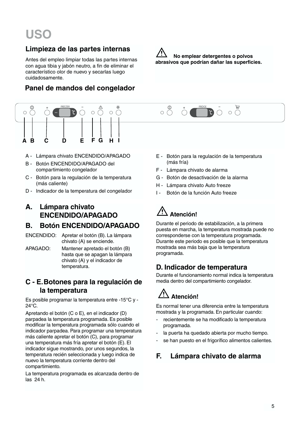 Limpieza de las partes internas, Panel de mandos del congelador, C - e.botones para la regulación de la temperatura | D. indicador de temperatura, F. lámpara chivato de alarma | Zanussi ZJB 9476 X User Manual | Page 5 / 32