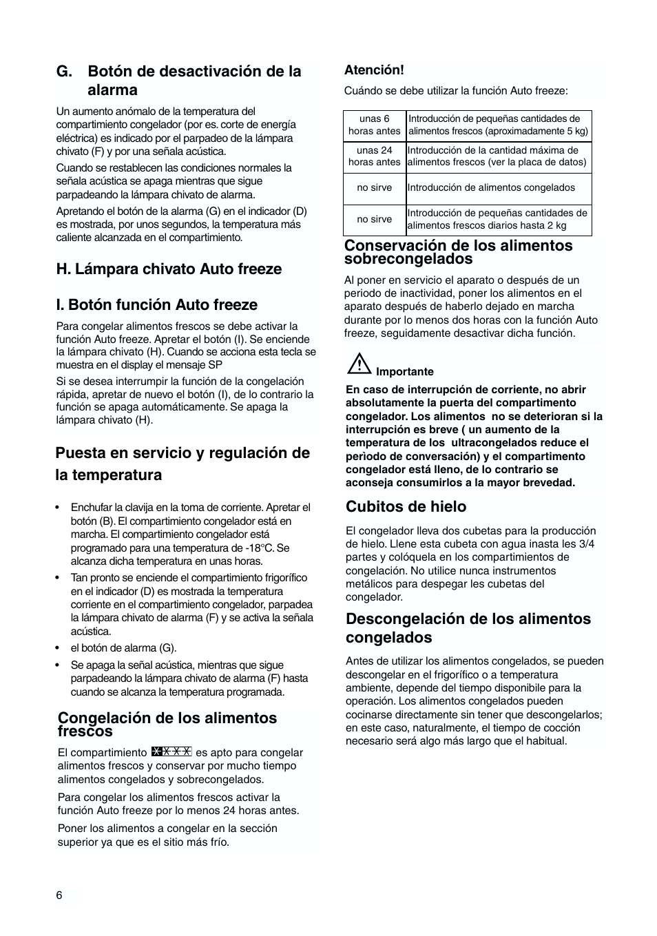 G. botón de desactivación de la alarma, Congelación de los alimentos frescos, Puesta en servicio y regulación de la temperatura | Conservación de los alimentos sobrecongelados, Descongelación de los alimentos congelados, Cubitos de hielo | Zanussi ZJB 9476 X User Manual | Page 6 / 32