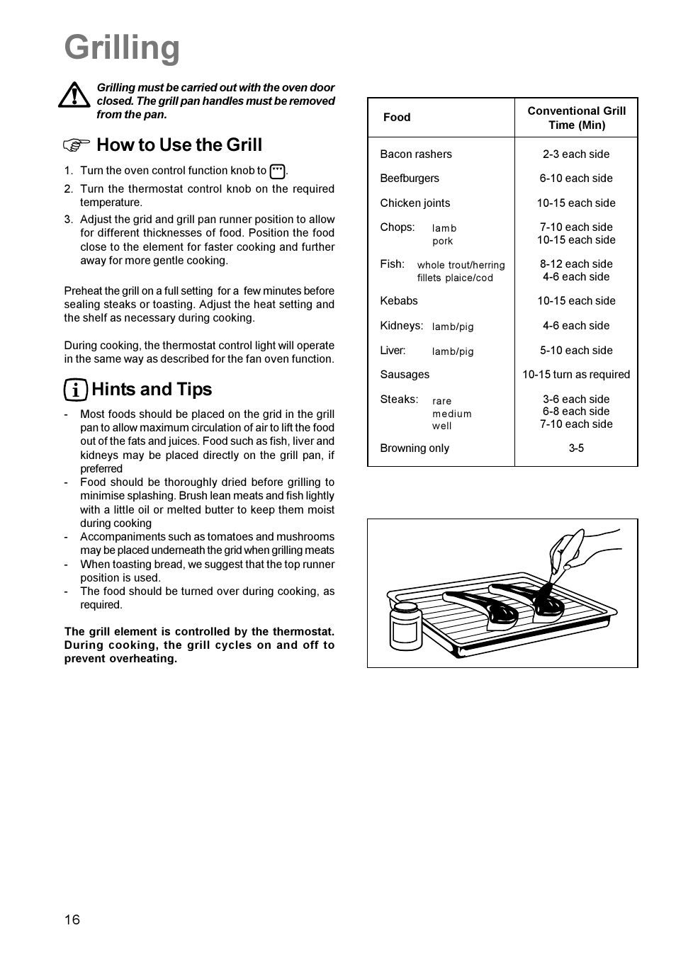 Grilling, How to use the grill, Hints and tips | Zanussi ZCE 700 User Manual | Page 16 / 28