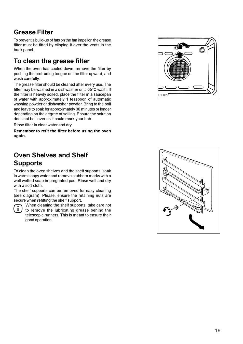 Grease filter, Oven shelves and shelf supports | Zanussi ZCE 700 User Manual | Page 19 / 28