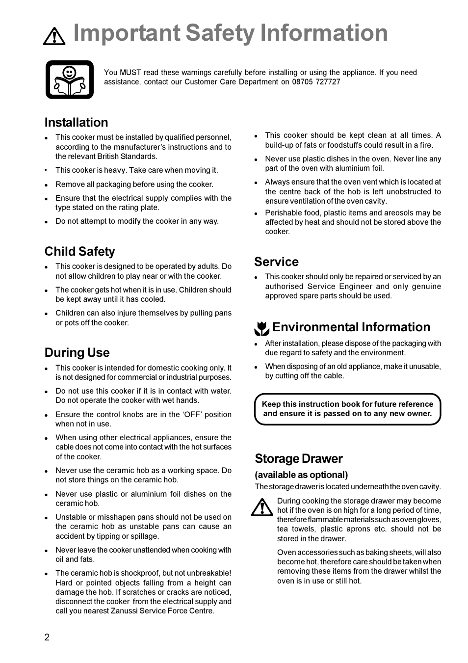 Important safety information, Installation, Child safety | During use, Service, Environmental information, Storage drawer, Available as optional) | Zanussi ZCE 700 User Manual | Page 2 / 28