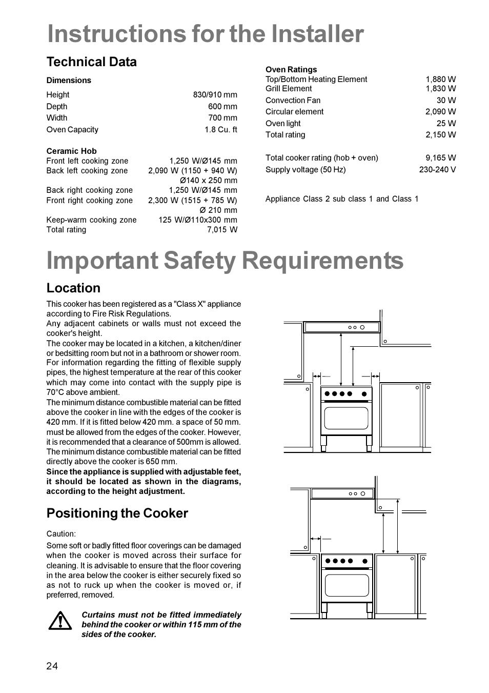 Technical data, Location, Positioning the cooker | Zanussi ZCE 700 User Manual | Page 24 / 28