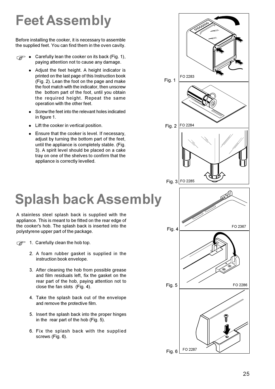 Feet assembly, Splash back assembly | Zanussi ZCE 700 User Manual | Page 25 / 28