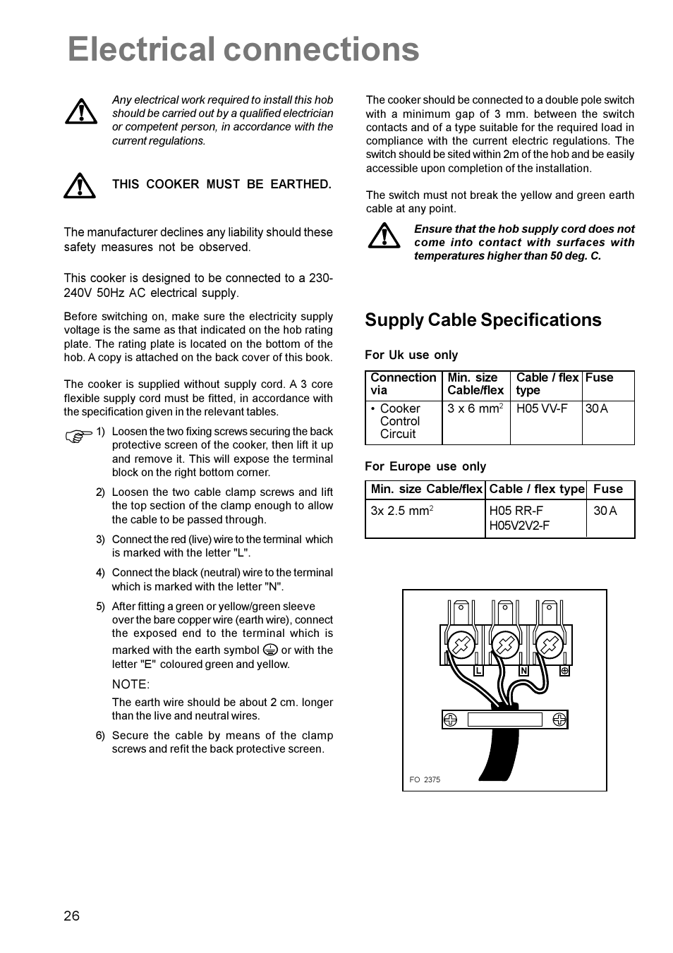 Electrical connections, Supply cable specifications | Zanussi ZCE 700 User Manual | Page 26 / 28