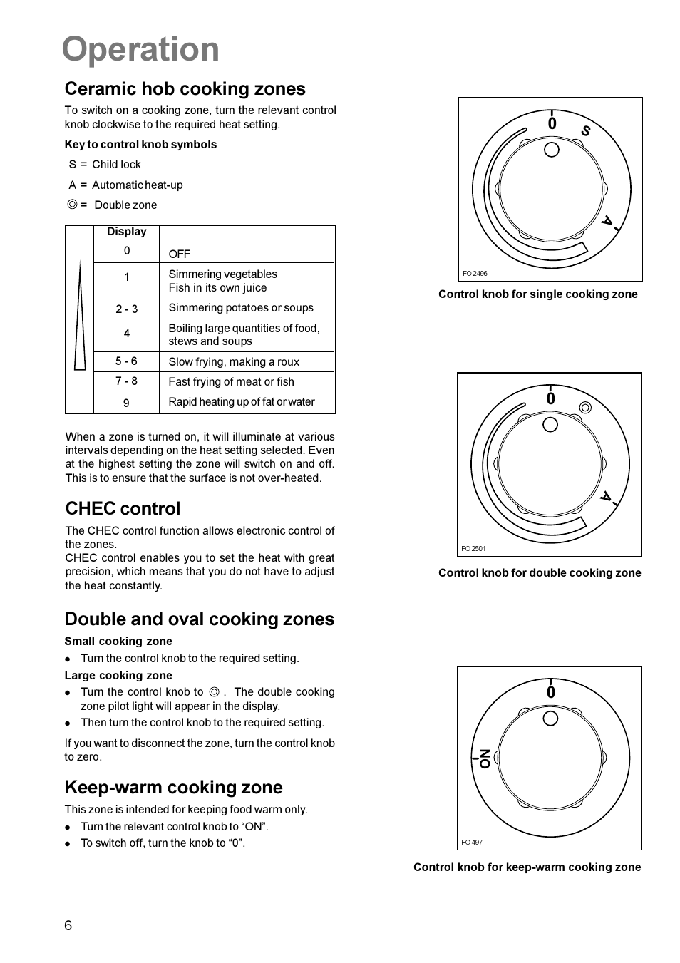 Operation, Ceramic hob cooking zones, Chec control | Double and oval cooking zones, Keep-warm cooking zone | Zanussi ZCE 700 User Manual | Page 6 / 28