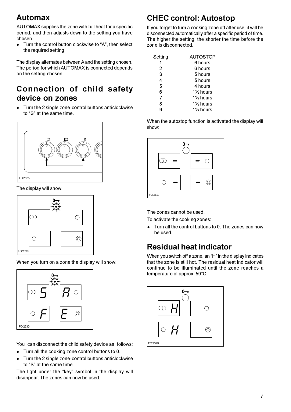 Connection of child safety device on zones, Chec control: autostop, Residual heat indicator | Automax | Zanussi ZCE 700 User Manual | Page 7 / 28