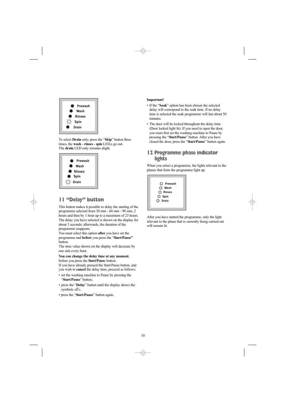 11 “delay” button, 12 programme phase indicator lights | Zanussi ZWN 1420 G User Manual | Page 10 / 28