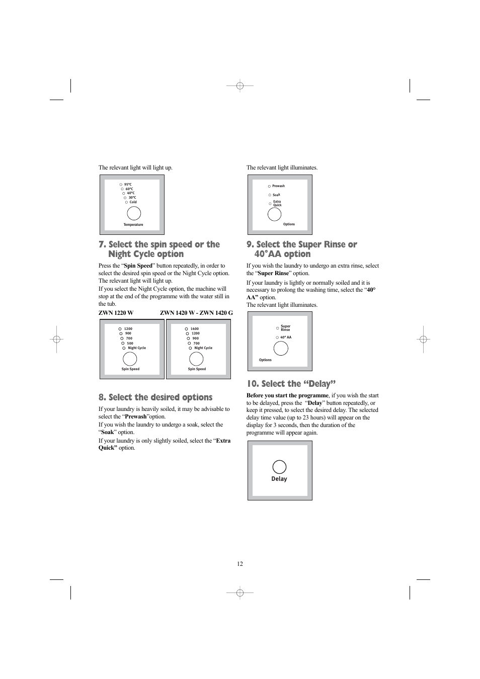 Select the spin speed or the night cycle option, Select the desired options, Select the super rinse or 40°aa option | Select the “delay | Zanussi ZWN 1420 G User Manual | Page 12 / 28