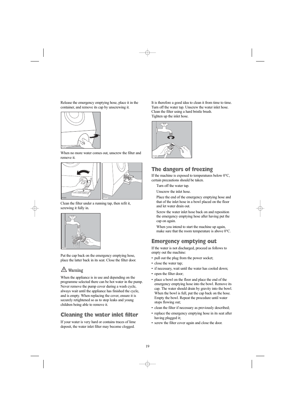 Cleaning the water inlet filter, The dangers of freezing, Emergency emptying out | Zanussi ZWN 1420 G User Manual | Page 19 / 28