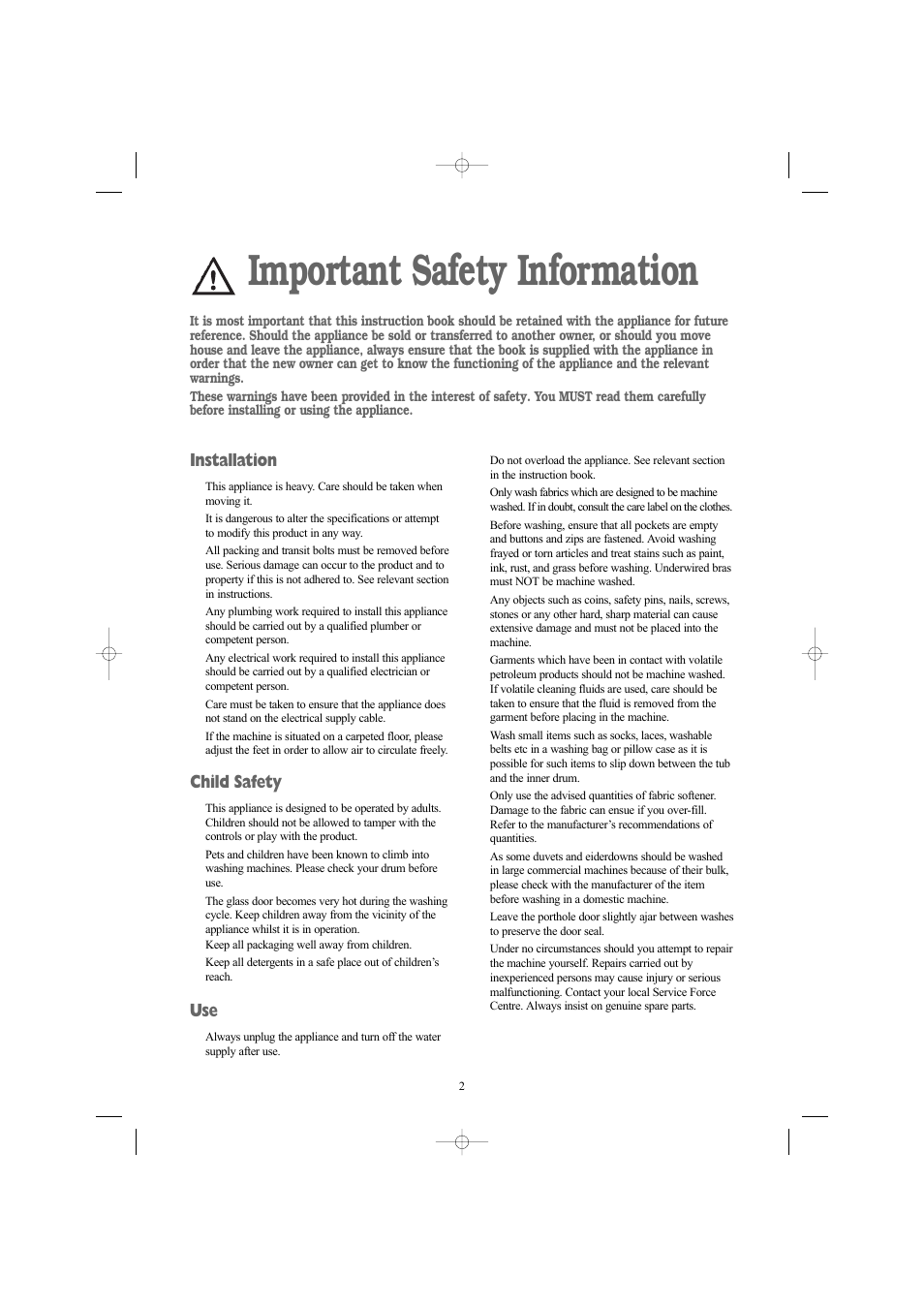 Important safety information, Installation, Child safety | Zanussi ZWN 1420 G User Manual | Page 2 / 28