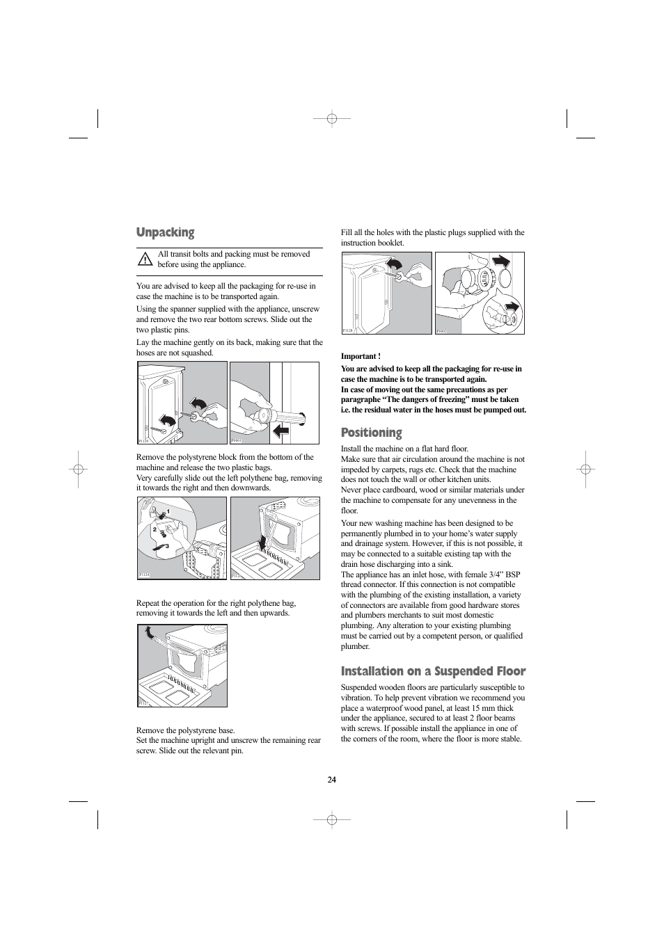 Unpacking, Positioning, Installation on a suspended floor | Zanussi ZWN 1420 G User Manual | Page 24 / 28