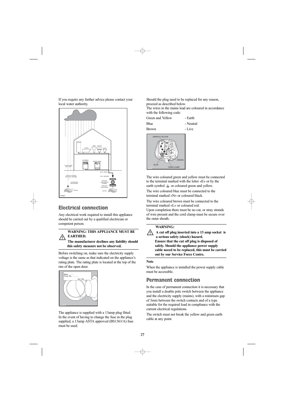 Electrical connection, Permanent connection, Mod. .......... prod. no. ........... ser . no | Zanussi ZWN 1420 G User Manual | Page 27 / 28