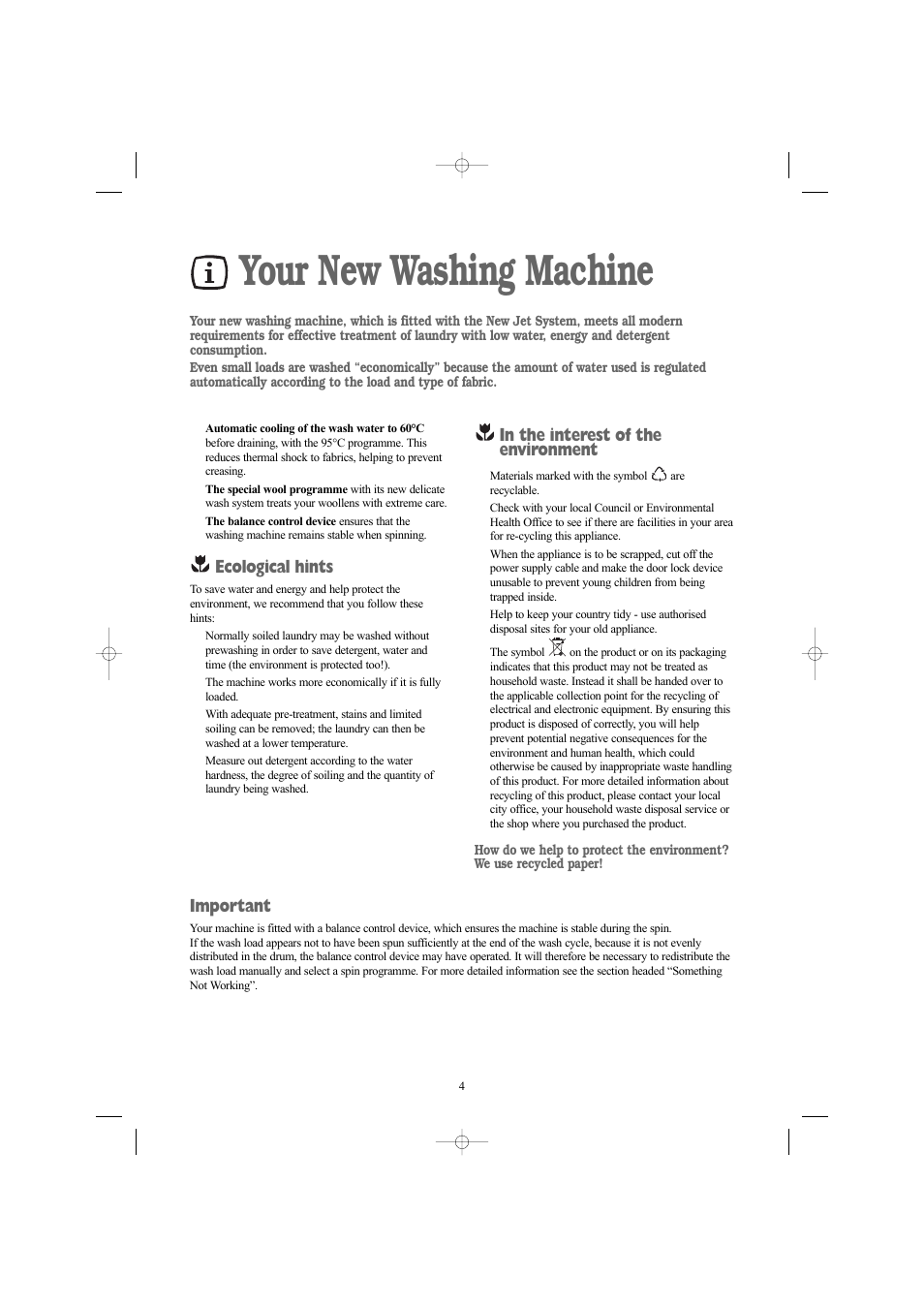 Your new washing machine, Ecological hints, Important | Zanussi ZWN 1420 G User Manual | Page 4 / 28